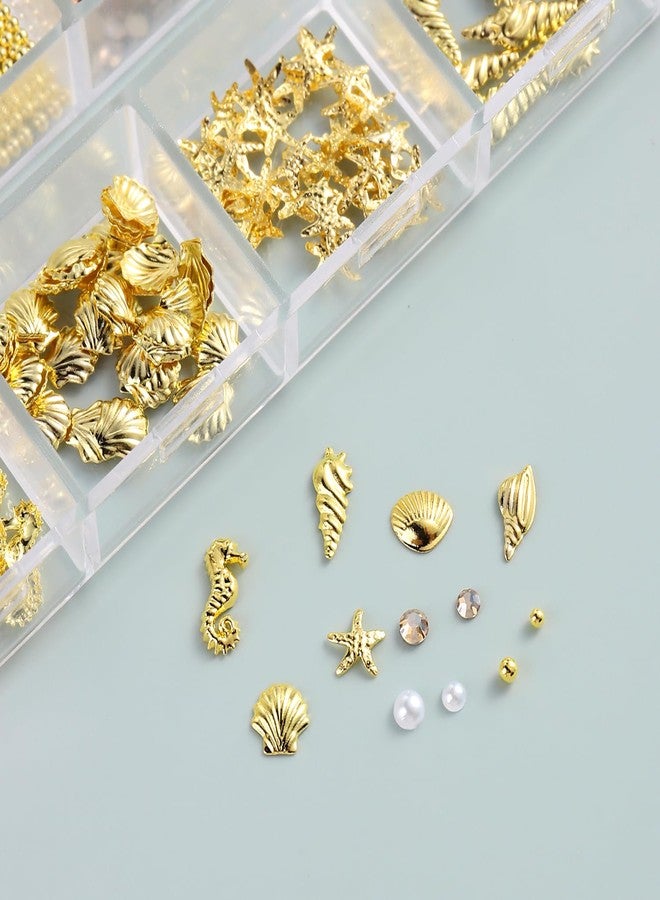 Furtherpretty Summer Nail Charms, 3D Beach Nail Charms Metal Starfish Seashell Tropical Ocean Nail Art Decorations, Gold Beads and Pearls Rhinestones with Tweezers for Manicure, concha nacar para uñas - Image 3